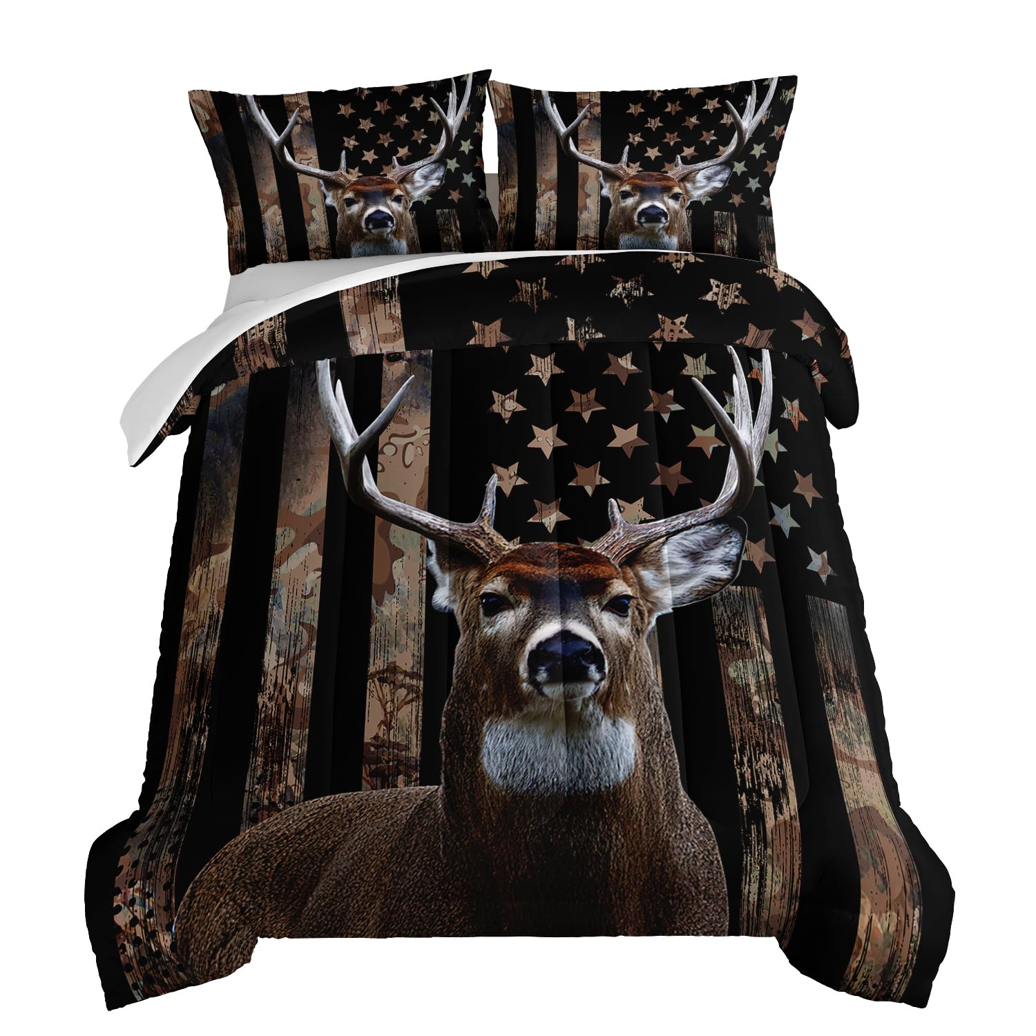 Hosima Deer Hunting Camo Comforter,Hunter Bedding Set American Flag Comforter Full Size For Room Decor,Deer Comforter Set For Bo